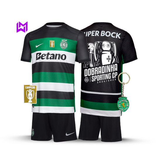 Conjunto Infantil Sporting Principal DOBRADINHA 2024/25 - MODELO EXCLUSIVO! 🦁🏆🏆