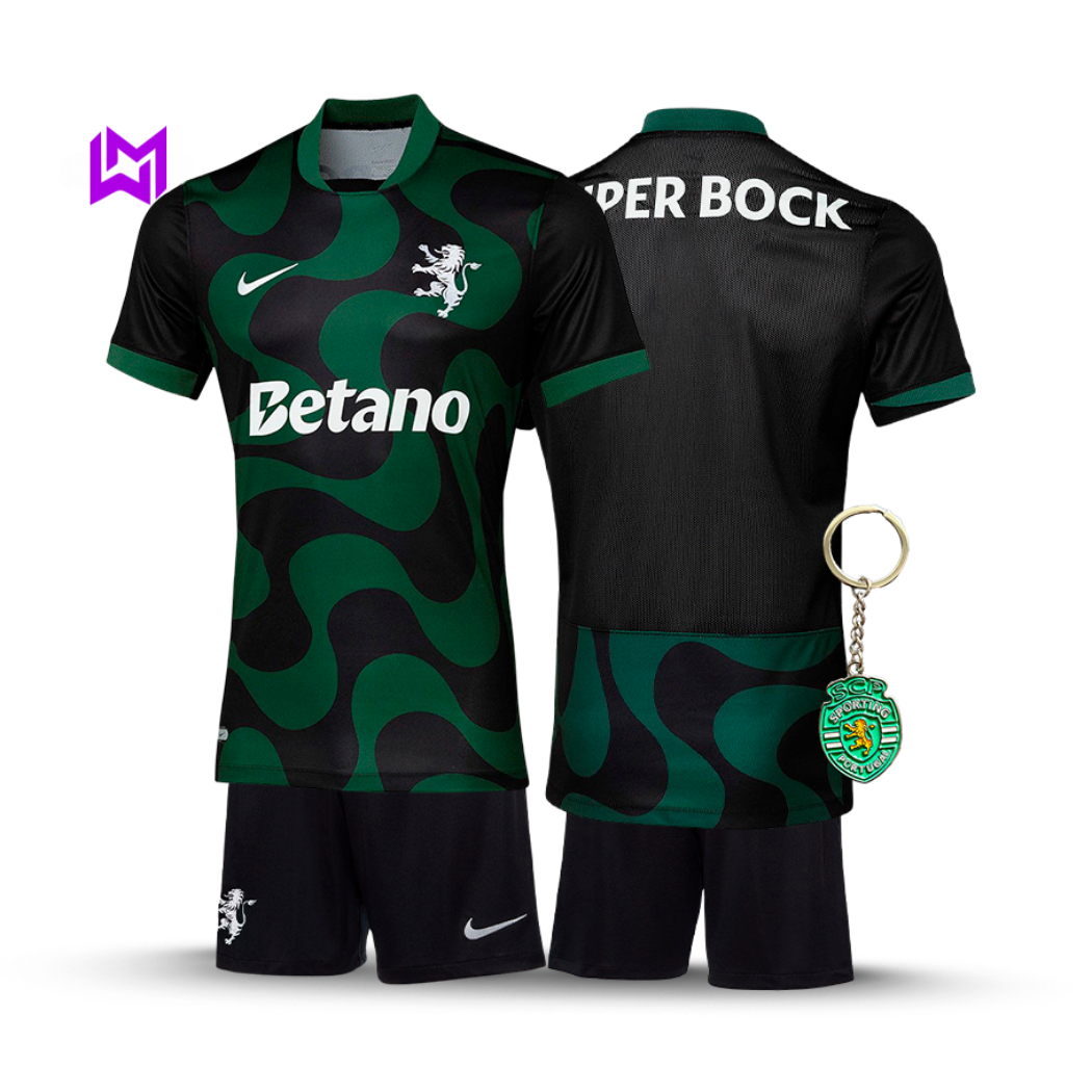 Conjunto Infantil Sporting Alternativa Preta 2025/26 - LANÇAMENTO! 🔥💚